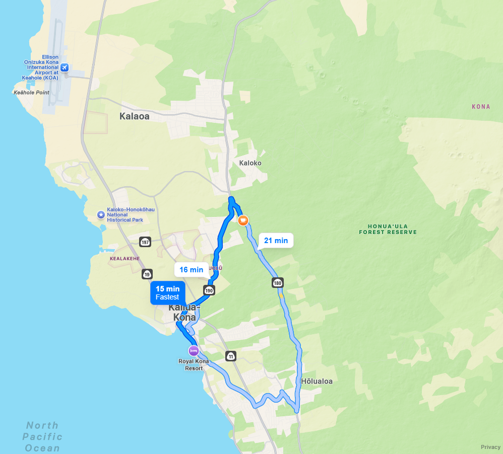 Directions to Hula Daddy Coffee (from Royal Kona Resort)